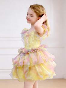 E.DANCE Girls Dresses,Girls Sequin Cute Tutu Princess Dress For Birthday Party For Children Stage Performance, - Màu vàng - Xem 2