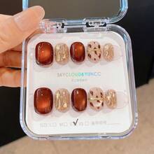 10片手工制作美甲贴片，情人节礼物，秋冬美甲，圆形美甲，秋季美甲，按压式美甲，短款按压式美甲，假指甲，短款美甲，亚克力按压式美甲，手工制作，可拆卸可重复使用 - 彩色 - 查看 9