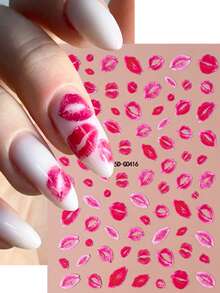 2片装5D情人节粉色嘴唇吻痕美甲贴纸，2片装可爱嘴唇美甲贴花，5D性感嘴唇自粘美甲设计，适合女性/女孩情人节美甲装饰美甲用品 - 彩色 - 查看 2