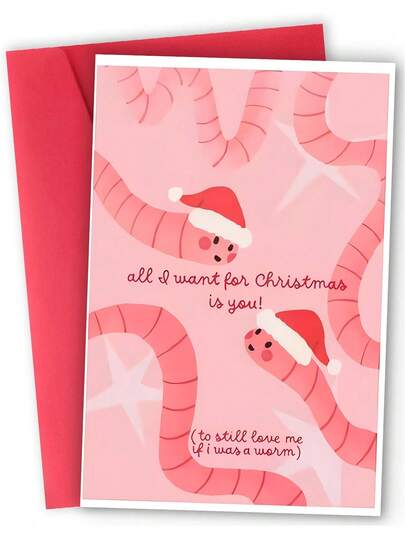 1 szt., urocza kartka walentynkowa "All I Want For Christmas Is You". W zestawie koperta i papier premium. Zabawny motyw robaka i czapki Mikołaja. Idealna na figlarne okazywanie uczuć – idealna kartka dla partnera (12 cm x 17 cm).