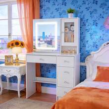 White Dressing Table With LED Lighted Mirror Makeup Desk 5 Drawers Vanity Table - White - View 1