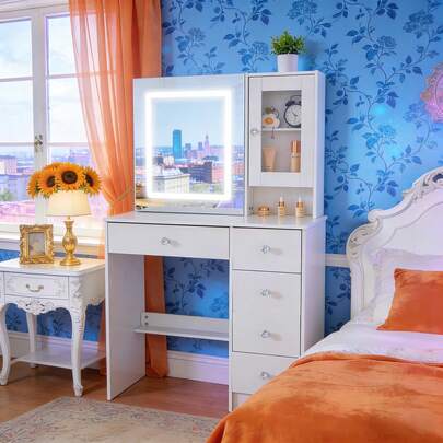 White Dressing Table With LED Lighted Mirror Makeup Desk 5 Drawers Vanity Table