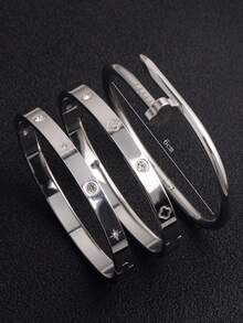 3pcs Zirconia Stainless Steel Women's Fashion Bracelet Set, 18K Gold Plated Stainless Steel Lucky Four-Leaf Clover Bracelet For Women, Suitable For Daily Wear, Gift For Girlfriend, Wife, Lover, Daughter, Female Friends - Silver - View 11