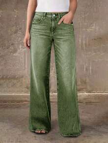 新款时尚女式直筒牛仔裤，舒适弹力，高品质，春季休闲时尚单品 - 軍綠色 - 查看 5