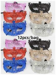 12个/6个/1个 优雅威尼斯化妆舞会面具，带闪光粉半脸面具，适用于表演、角色扮演、万圣节、狂欢节派对装饰和节日服装