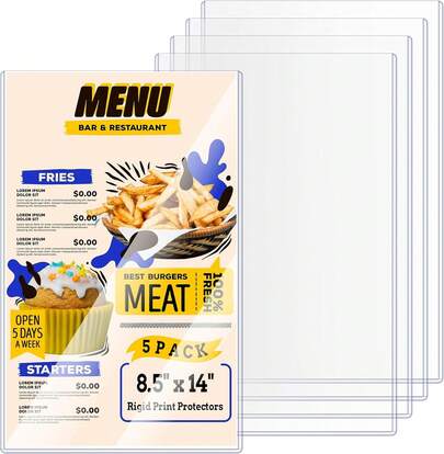 AKONEGE 5PCS Menu Covers 8.5" X 14" Rigid Print Protectors Clear Plastic Page Sheet Protectors For Legal Size Paper, Top Loading Hard Plastic Paper Sleeves For Poster Document Photo Birth Certificate