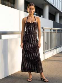 Women Long Skirt Outfit Dot Print Halter Neck Tank Tops And Low Rise Fishtail Skirt 2 Piece Set - 黑色 - 查看 1