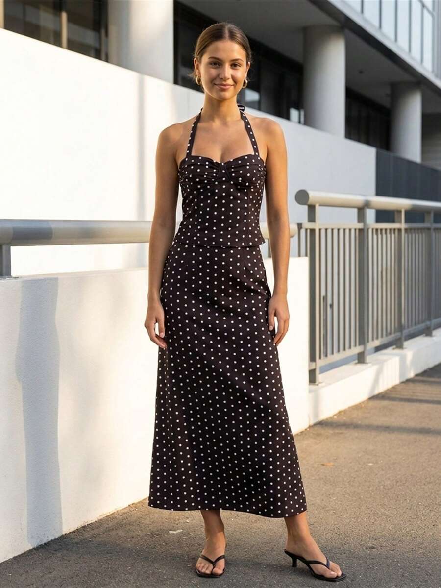 Women Long Skirt Outfit Dot Print Halter Neck Tank Tops And Low Rise Fishtail Skirt 2 Piece Set - 黑色 - 查看 1