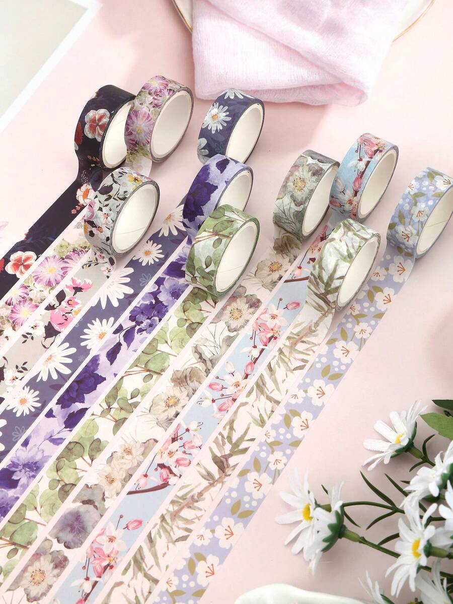 10 Rolls Of Floral Pattern Washi Tape - Creative Multi-Flower Combination Style Design - Decorative Material Tape For DIY, Photo Albums, Greeting Cards, Scrapbooks And Diaries - Fashion Stationery Decorative Tape, Gifts For Friends