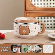 1个304不锈钢卡通图案方便面碗，带折叠勺、滤网、盖子，可作汤碗、饭碗或午餐盒