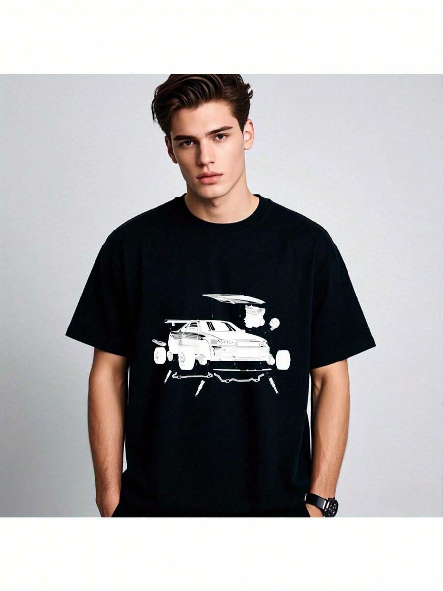 Camiseta Negra Estampada para Hombre - Estilo Casual de Calle - Negro - Ver 1