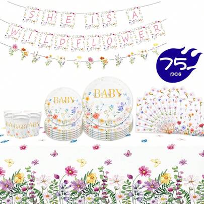 1 Set Floral Baby Design Disposable Plates, Napkins, Cups, Tablecloth And Banners, Party Supplies Set For 16 Guests, Suitable For Birthday, Wedding, Theme Party, Family Picnic