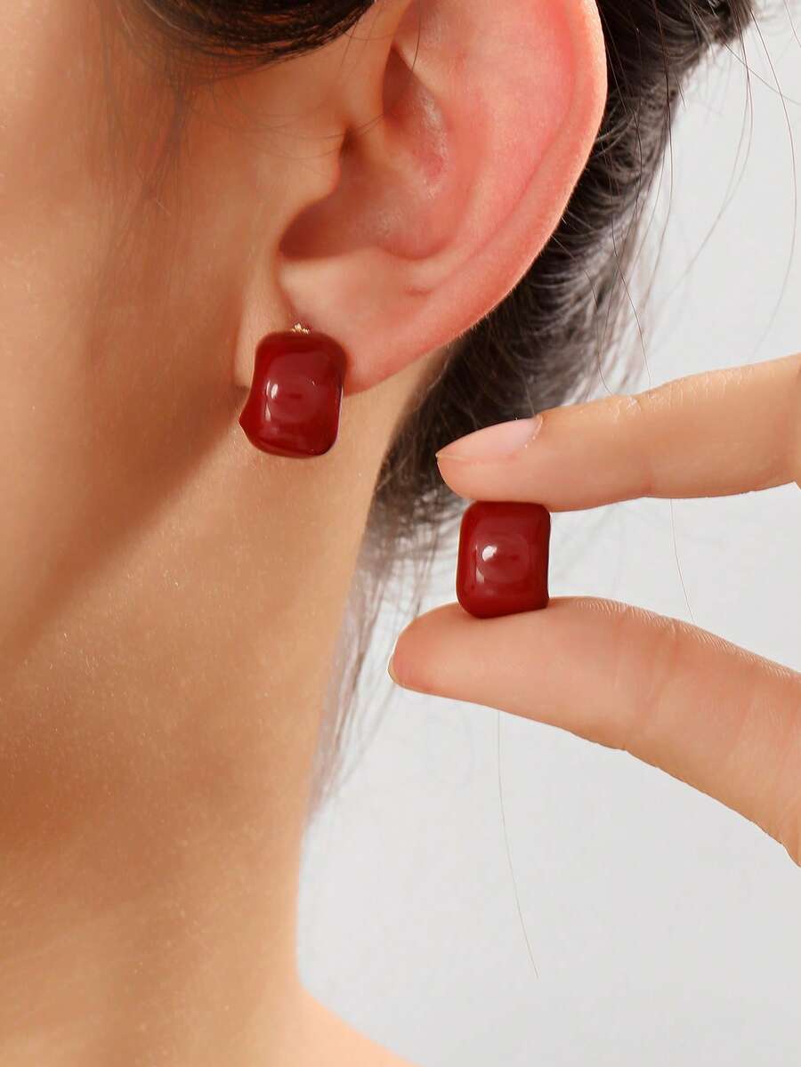 1对糖果红滴油夹式耳环，无耳洞设计，清新甜美优雅的彩色C形耳环，女士款 - 紅色 - 查看 1