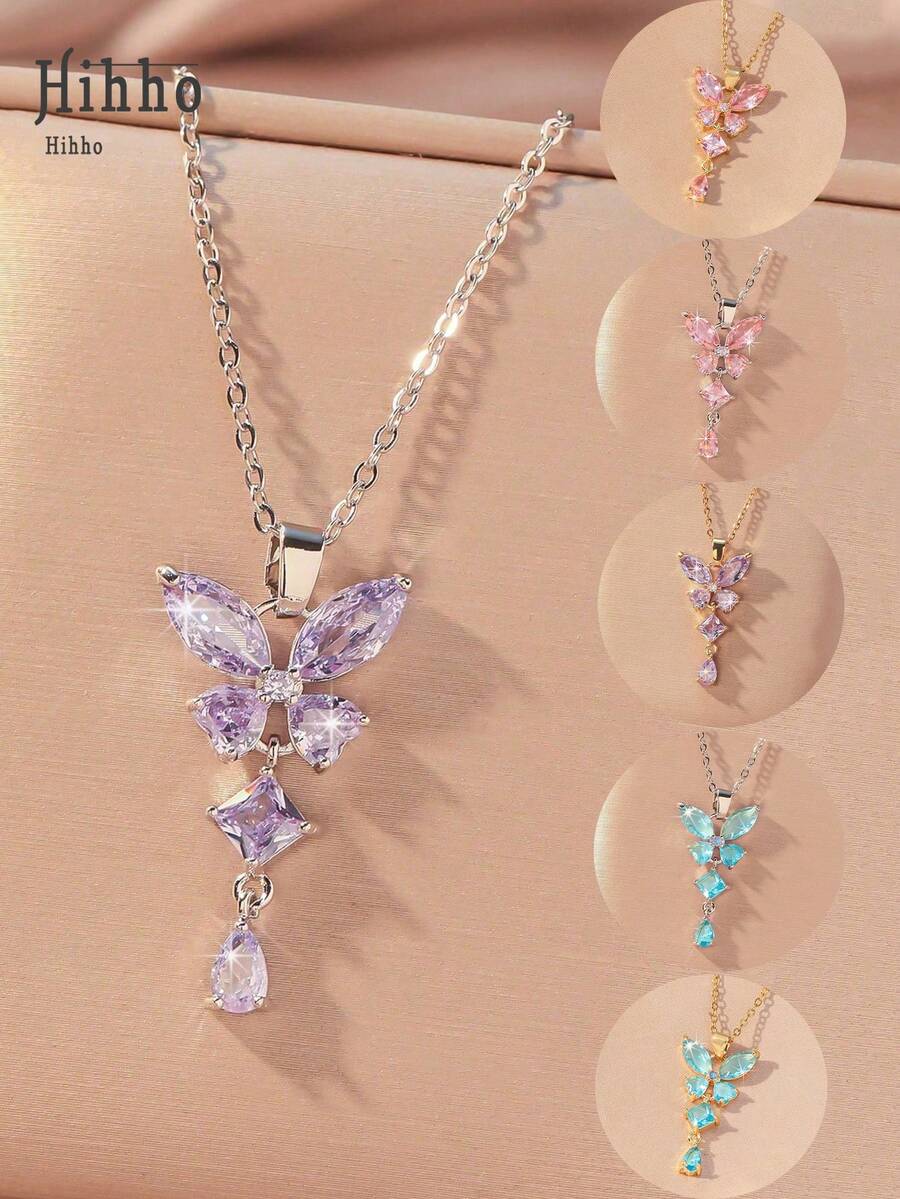 Hihho 1pc Fashionable Luxurious Purple Cubic Zirconia Butterfly Design Pendant Necklace For Women, Decoration Gift