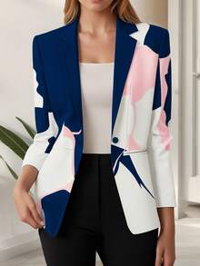 HOMEYEE 西装领长袖印花衬衫，复古优雅休闲度假商务OL上衣，适合春、夏、秋、冬四季穿着。 - 藏蓝色 - 查看 2