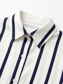 JTI Spring Fall Casual 2 Piece Outfits For Women Vertical Striped Lapel Blouse Top And Solid A-Line Pleated Skirt Set - Blue and White - View 7