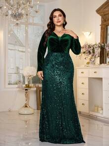 XUIBOL Đầm dạ hội trang trọng, thanh lịch, cổ chữ V, đính sequin và họa tiết hoa dành cho nữ cỡ lớn. - Màu xanh lá cây đậm - Xem 6