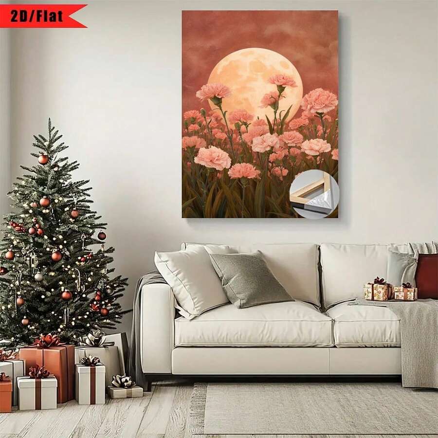 Enmarcado [2D plano] 1 pieza de luna llena en el cielo, rodeada de claveles rosados| Cuadro de arte en lienzo plano 2D, embalaje con marco de madera, muy adecuado para la decoración del hogar, habitación, sala de estar, dormitorio, baño, elección perfecta para Acción de Gracias y otras festividades. Disponible en varios tamaños, se puede colgar directamente sin instalación. - Multicolor - Ver 1