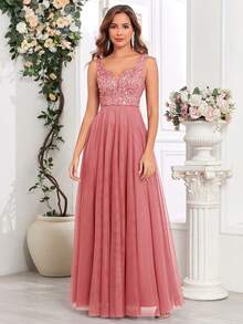 Đầm dạ hội dáng chữ A không tay cổ tim đính sequin lưới cho nữ mùa xuân và hè, đầm dự tiệc cưới thanh lịch, đầm tốt nghiệp, đầm dạ tiệc, đầm hóa trang lễ hội. - Màu Hồng  San hô - Xem 4