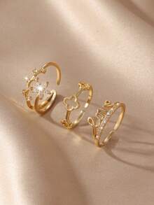 3件套简约时尚金色立方氧化锆蝴蝶结、爱心四叶草戒指套装，适合男女朋友日常佩戴，母亲节礼物 - 字母love - 查看 3