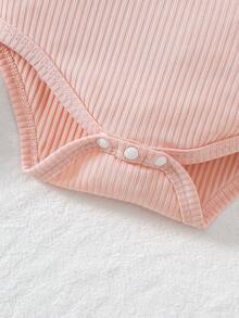 2件套女婴休闲时尚日常甜美可爱粉色针织竖条纹圆领荷叶袖连体衣和粉色编织蝴蝶结刺绣口袋背带短裤套装，夏季 - 粉色 - 查看 9