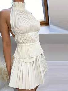 Women's Fashion White Ruched Chiffon Camisole, Backless Tie Design, Ruffle Hem, Regular Length Non-Stretch Fabric Tank Top