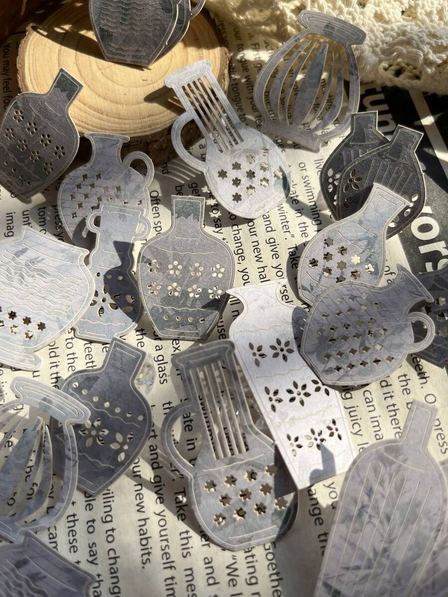 30Pcs 15 Style Vintage Hollow Cup House Vase Theme Paper Stickers Objects Life Literature Art Junk Journaling Planner Scrapbooking Decorative DIY Craft Material Sticker Scrapbook Supplies Stationery - Multicolor - View 1