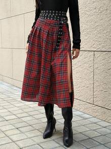 女士优雅Y2K纯红色格子A字裙，休闲中长格子裙，适合派对、通勤、新年、情人节等场合 - 彩色 - 查看 1