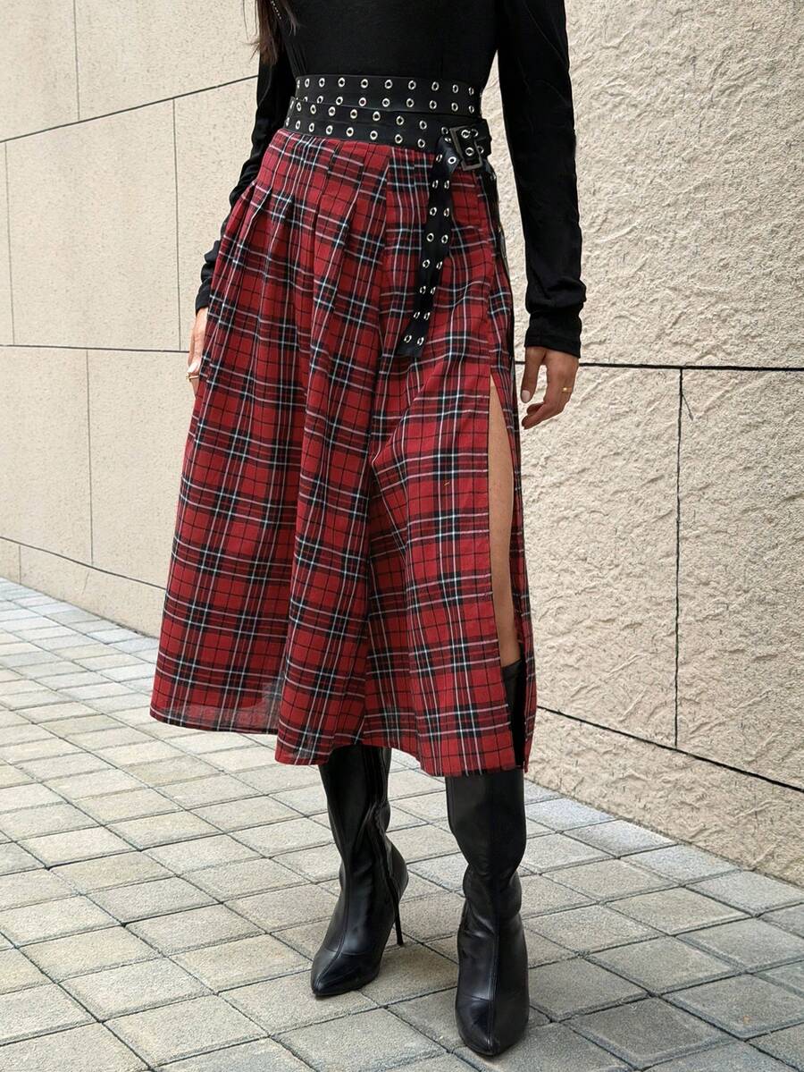 女士优雅Y2K纯红色格子A字裙，休闲中长格子裙，适合派对、通勤、新年、情人节等场合 - 彩色 - 查看 1