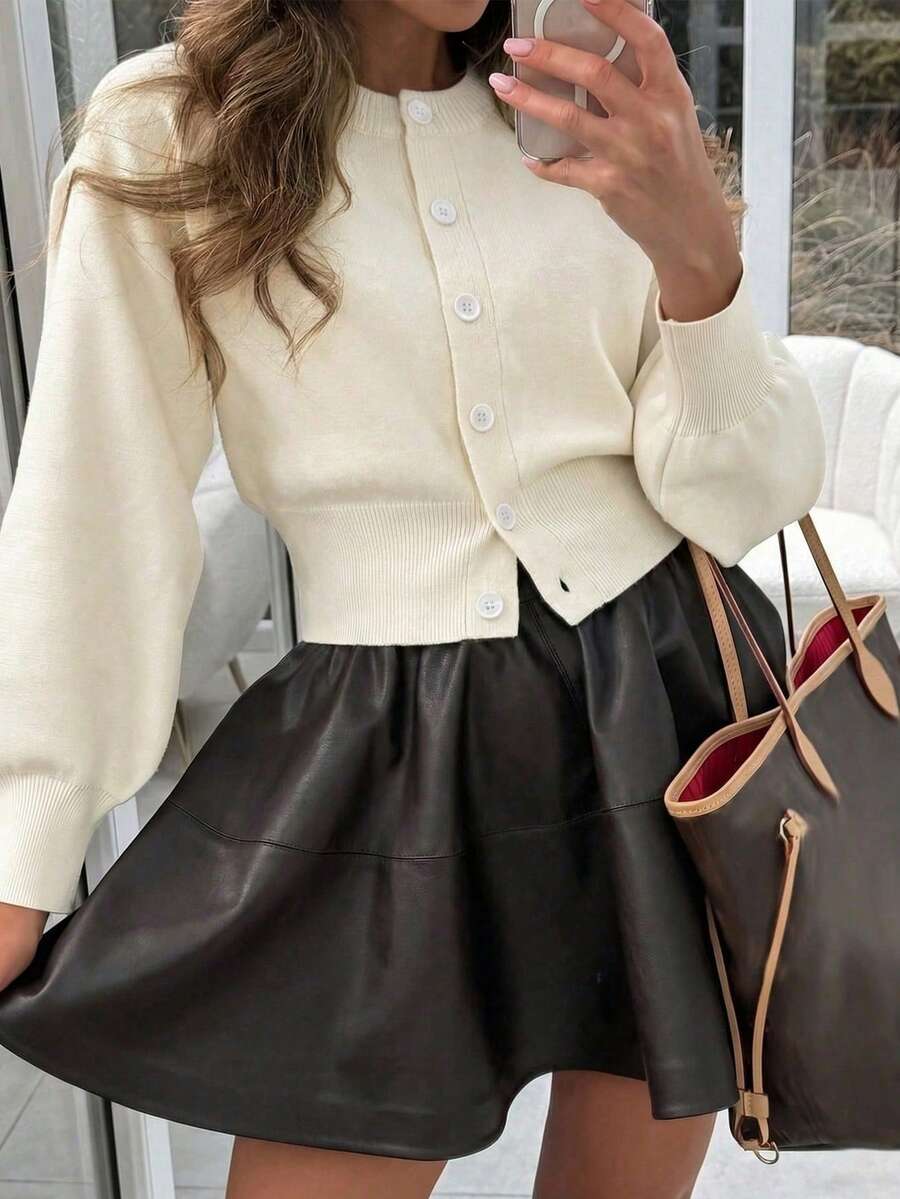Herbst und Winter Neue einfarbige langärmelige Rundhals Strickjacke Damen Winterstil Elegant Mode Einfach Strickpullover Locker Weich Wachsweich Pullover Tägliches Pendeln Alles passend Halloween Oberteil - Beige - Übersicht 1