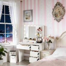 New Dressing Table With 10 LED Lights Mirror 4 Drawers Vanity Make Up Desk Set - White - View 6