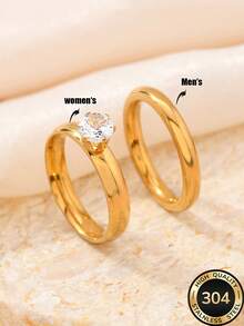 2pcs Stainless Steel Golden Simple And Vintage Heart-Shaped Rings Couple Engagement Promise Rings , Rings Set Suitable For Women's Daily Decoration Or Wedding Proposals Valentine's Day Gift ,Mom,Mother,Mother's Day,Gift - Gold - View 1
