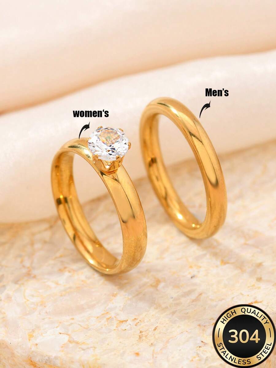 2pcs Stainless Steel Golden Simple And Vintage Heart-Shaped Rings Couple Engagement Promise Rings , Rings Set Suitable For Women's Daily Decoration Or Wedding Proposals Valentine's Day Gift ,Mom,Mother,Mother's Day,Gift - Gold - View 1