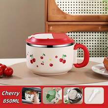 1个304不锈钢卡通图案方便面碗，带折叠勺、滤网、盖子，可作汤碗、饭碗或午餐盒