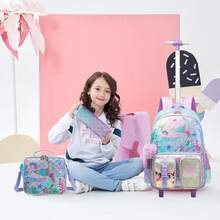 3件套女童拉杆背包套装，包括拉杆箱、斜挎包和铅笔盒，适合返校使用