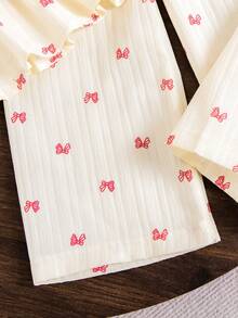 Young Girl' White Bow Collar Set, White Base With Red Bow Print, Elegant Collar Design, Long Sleeve Top + Pants, Suitable For Spring/Autumn School, Family Gatherings, Vacation, Showcasing Sweet And Gentle Girl Vibe. Spring/Summer. - Beige - View 7