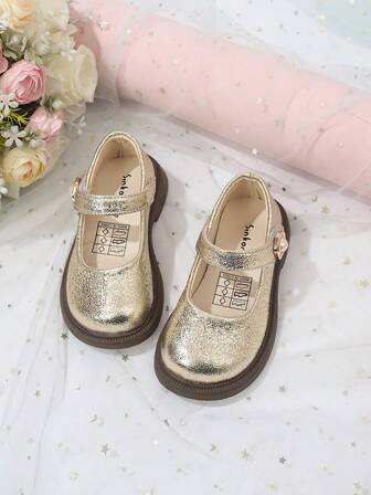 Glänsande guldfärgade Mary Jane-skor för spädbarn, skor med pärlknappar och mjuk botten, läderskor för baby i prinsessstil