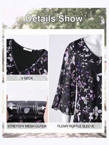 Blusa holgada con volantes, cuello en V, doble capa de malla, con cinturón y mangas 3/4 para mujer - Negro - Ver 3