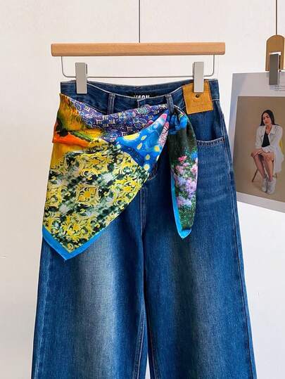 1条优雅撞色拼接图案27.6英寸方形围巾，多功能头巾，可作腰带、发饰，轻盈丝滑面料，女士适用