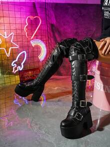 Women's Platform Lace-Up Side Zipper Boots, Square Toe Thick Sole Rivet Wedge Over-The-Knee Fashion Riding Boots