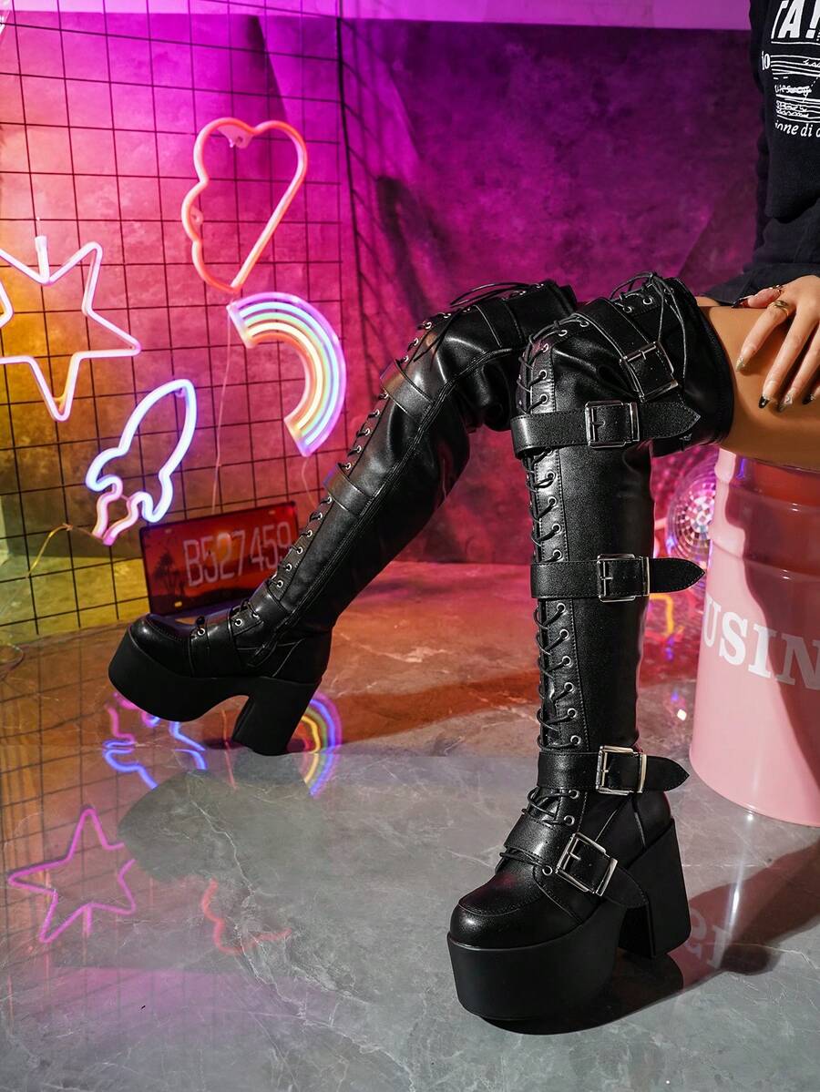 Women's Platform Lace-Up Side Zipper Boots, Square Toe Thick Sole Rivet Wedge Over-The-Knee Fashion Riding Boots