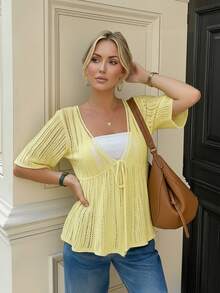 Áo khoác cardigan dệt kim dáng rộng, khoét lỗ, buộc dây, kiểu dáng tối giản cho nữ mùa hè, cổ thấp, tay ngắn, chất liệu lưới móc nhẹ, chống nắng. - Màu vàng - Xem 5