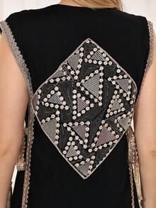 2026 New Style Ramadan Traditional Elegant Sleeveless V-Neck Dress With Embroidery, Silver Sequins, Tassels And Tie For Arabian Women - Black - View 6