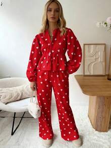 Womens 2 Piece Outfits Heart Print Peplum Tops  Pants Sets Puff Long Sleeve Blouse Y2K Lounge Sets - 紅色 - 查看 3