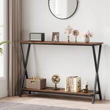 Huisuilinss 2-Tier Narrow Console Table,Long Farmhouse Console Table,Industrial Entryway Table With Storage Shelf,Thin Sofa Table Behind Couch,Wood Side Table For Hallway Office Foyer Living Room - Color retro de 41" - Ver 2
