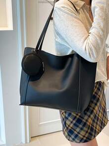 Large Capacity Solid Color Simple Tote Bag, Suitable For Shopping, Wallet, Young Women, College Students, Beginners, White-Collar. Ideal For Office, University, Work, Business, Commuting, Outdoor Activities, Travel And Picnics - Black - View 3