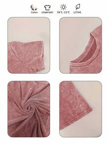 梵高星空艺术设计字母印花复古水洗大码女式T恤，休闲宽松服饰，夏秋上衣，大码秋冬装 - 玫紅色 - 查看 10