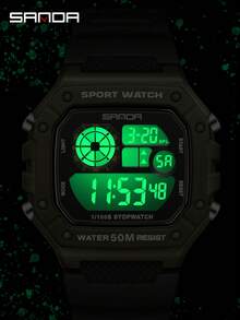 SANDA 2202 Fashion Men's Electronic Watch Sports Multifunctional Waterproof LED Luminous Single Display Small Square Electronic Watch - màu xanh lá - Xem 5