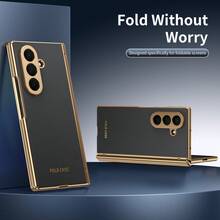 VIETAO 電鍍材質人造皮革全包覆保護手機殼，適用於 Galaxy Z Fold 7 6 5 4 8 Ultra Fold7 Fold6 Fold5 Fold4，附鋼化玻璃螢幕保護膜手機殼 - 黑色 - 查看 7