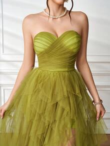 法式网纱轻盈飘逸派对礼服，优雅无肩带公主裙，适合生日、舞会等场合，魅力四射，性感迷人 - 橄欖綠 - 查看 3